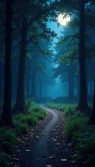 Softly glowing forest path winding through the trees under moonlight, peaceful, moonlight, forest