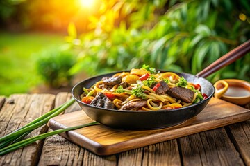 Beef Stir-Fried Noodles in a Black Iron Pan on a Wooden Table with a Sunlit Garden
