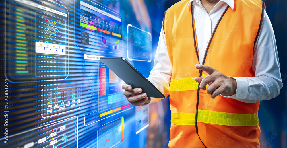 Poster automation industry with engineer work with digital graphic interface