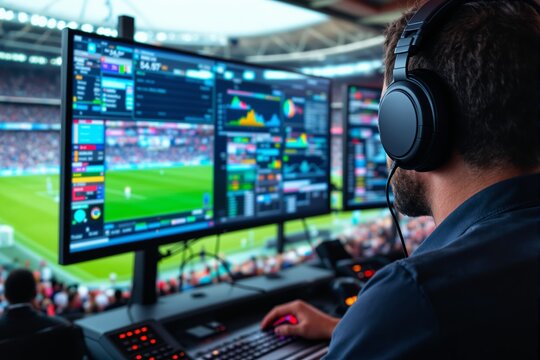 Sports data analyst monitoring live game statistics in a stadium.