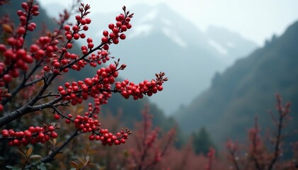 Barberry shrub with ripe red berries against the misty background, branches, foliage