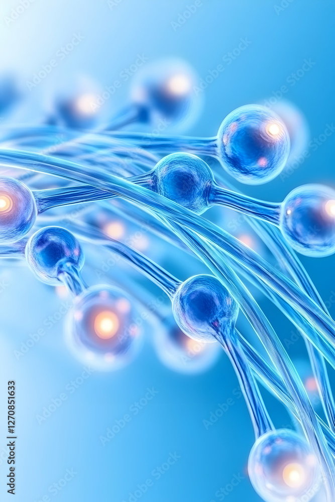 Poster abstract depiction of a wire-like structure with spherical nodes on a blue backdrop