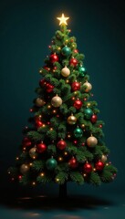 Evergreen tree with colorful ornaments in spotlight, Christmas trees,