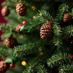 Fototapeta premium Pinecones and holly berries on a decorated Christmas tree, pinecones, tree, berries