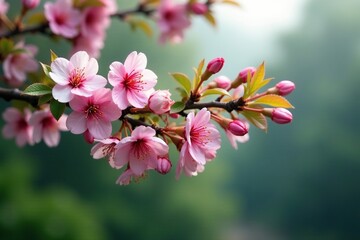 Obraz premium Rain-soaked branches of blooming cherry trees, tree branches, leafy greens