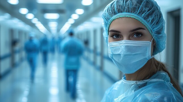 A young healthcare worker of European descent wearing a mask and scrub cap in a hospital corridor. The background shows blurred medical personnel in scrubs.