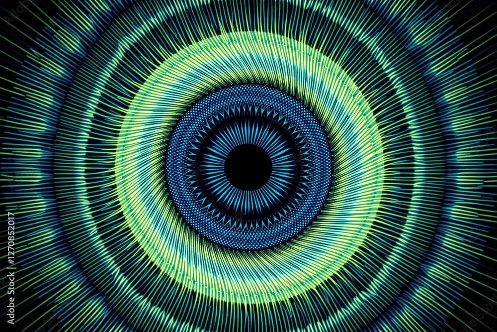 Poster abstract concentric circular pattern with vibrant blue and green radiating lines.