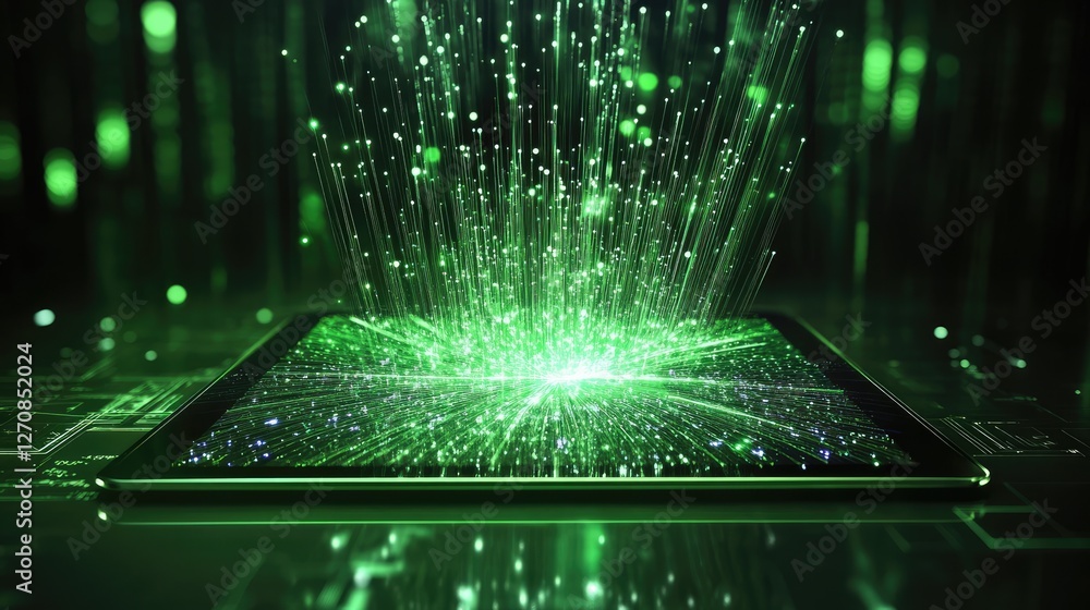 Poster compact tablet with fast g connectivity, displayed on a green background, symbolizing high-speed int