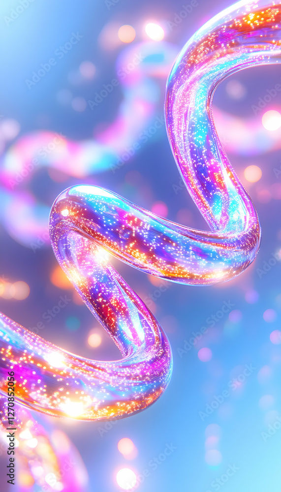 Poster abstract glowing spiral shape floating on a blue background with bokeh lights