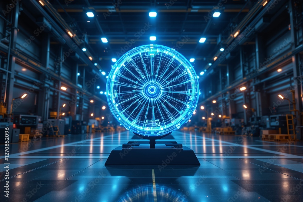 Poster futuristic glowing circular holographic interface in industrial setting.