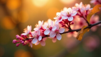 Sprig of spiraea vanhouttei with delicate pink and white petals, soft colors, colorful autumn leaves, golden foliage