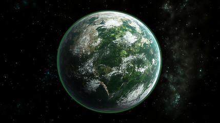 Fototapeta premium Verdant Exoplanet in the Vast Cosmos Green Atmosphere and Cloud Cover Against Dark Starry Backdrop