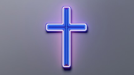 Obraz premium Neon blue cross against a grey background, symbolizing faith and spirituality. Captivating design for religious themes and modern decor.