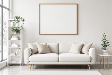 Blank frame mockup above beige sofa in modern living room.