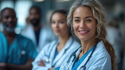 A joyful group of healthcare professionals posing together in a clinical setting. They are diverse in ethnicity, showcasing unity and dedication.