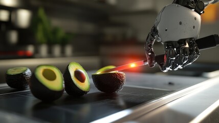 Fototapeta premium Robotic hand using knife to cut avocado in modern kitchen
