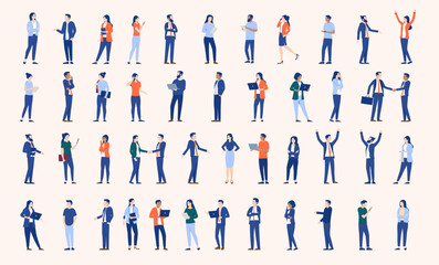 Business office and working people collection - Set or bundle of businesspeople characters in various standing poses doing work, talking and using computes. Flat design style vector illustration