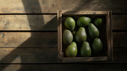 Fresh avocados in wooden crate on rustic planks