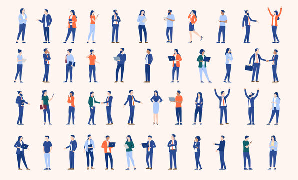 Business office and working people collection - Set or bundle of businesspeople characters in various standing poses doing work, talking and using computes. Flat design style vector illustration