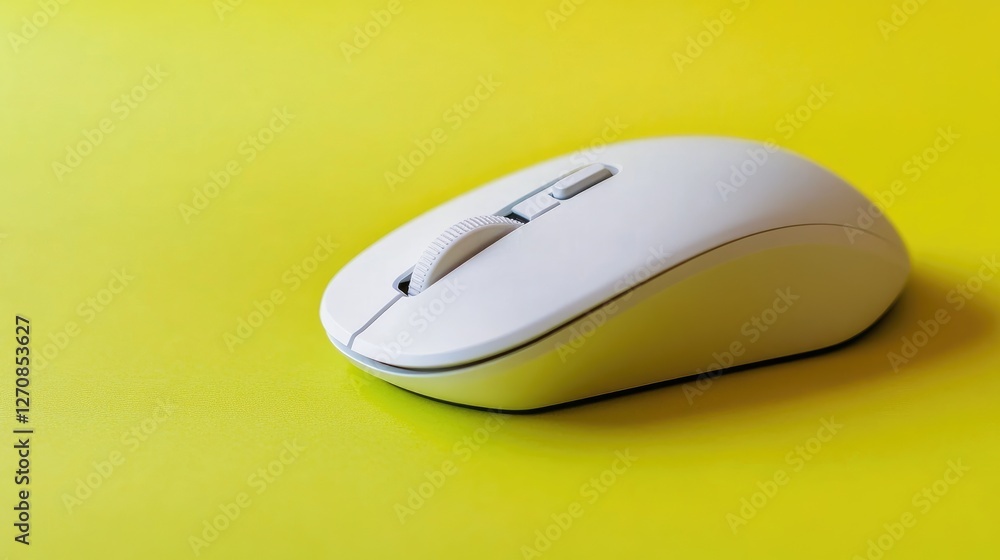 Poster compact wireless mouse with a silent click feature, displayed on a bright green backdrop, representi