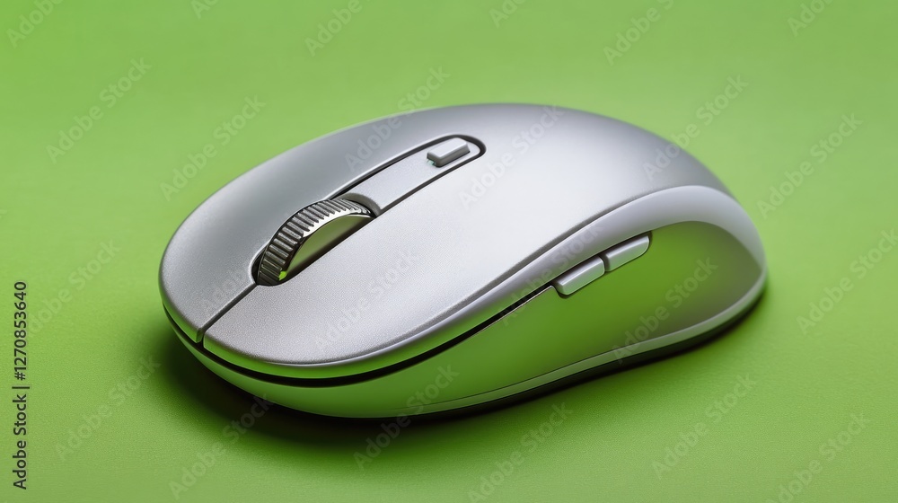 Poster compact wireless mouse with a silent click feature, displayed on a bright green backdrop, representi