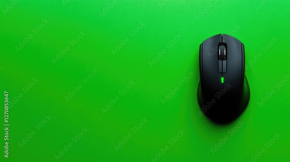 Poster compact wireless mouse with a silent click feature, displayed on a bright green backdrop, representi