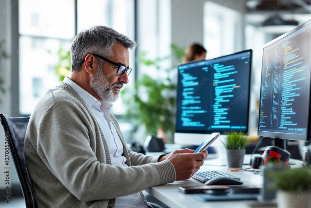 Poster Mature man in office using smartphone, surrounded by coding screens.