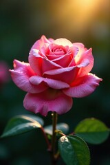Obraz premium Pink rose with dew drops glistening in the morning light, dew, flower, morning