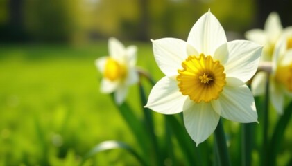White petals with bright yellow centers in a sunny garden, green grass, daffodils
