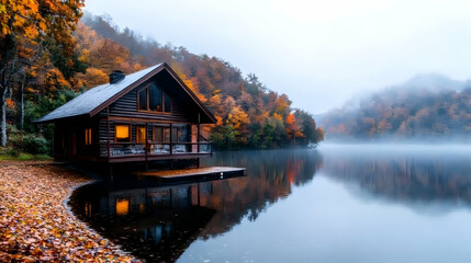 Fototapeta premium Autumn cabin near a lake in mountain area, fog and trees in background