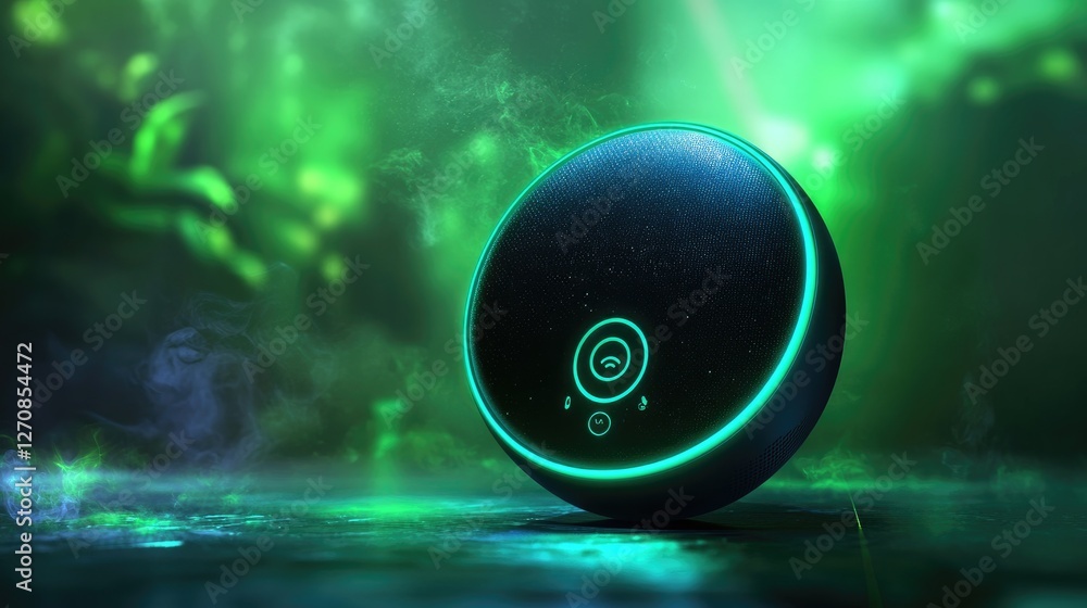 Poster digital clock with ai-powered voice assistant, displayed on a green backdrop, representing smart hom