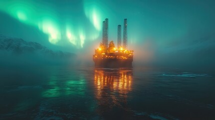 Offshore drilling rig illuminated by northern lights in icy landscape
