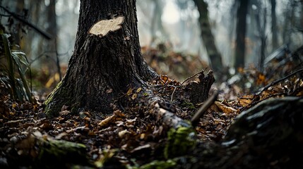 Obraz premium Chainsaw cutting down tree forest clearing closeup image nature scene low angle environmental impact