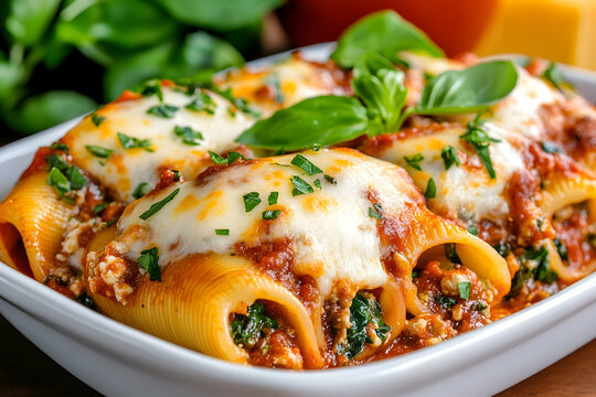 Baked pasta shells filled with ricotta and spinach in tomato sauce at dinner