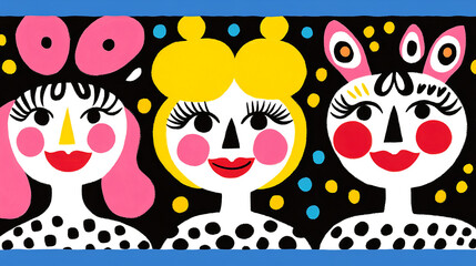 Obraz premium Colorful graphic illustration of three playful women art studio digital artwork vibrant front view whimsical design