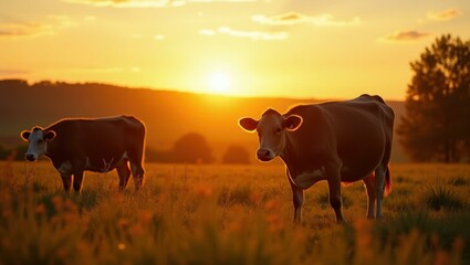 Cows are standing in field at sunset with sun setting
