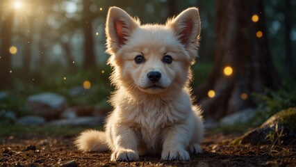 A cartoon-style Golden Retriever puppy with oversized ears and big sparkling eyes.magical white fox with glowing golden runes on its fur.