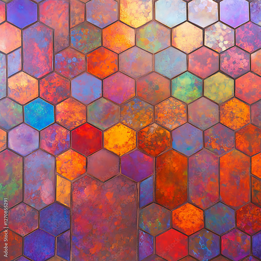 Poster vibrant hexagonal tile mosaic art displaying a rich tapestry of warm and cool tones and textured sur