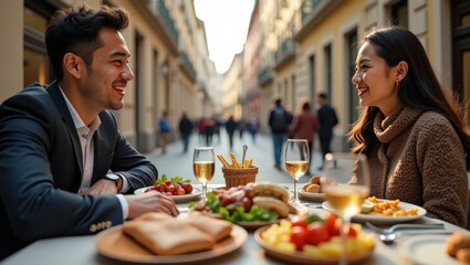 Man and woman are sitting at table with food and drinks