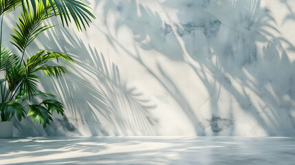 Lush green plant casting intricate shadows on a textured white wall in a serene indoor setting