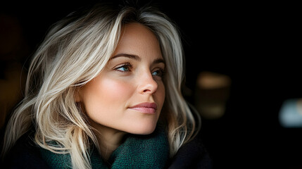 Blonde woman looks up, hopeful and stylish, near window. Relaxing inside