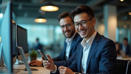 Two men are sitting at table with computer and cell phone