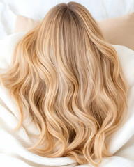 Blonde woman on the bed relaxing, back view. Hair care product ad, treatment