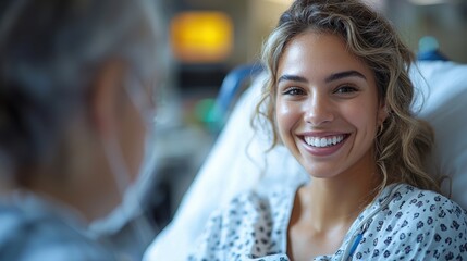 A young Latin American woman in a hospital bed smiles warmly at the camera, showcasing her resilience and positivity. She appears hopeful and caring.