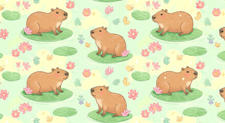 Fototapeta premium Capybara Floating on Lily Pads in Nature Wallpaper Background