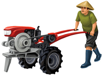 Farmer Driving Tractor in Rice Field Illustration