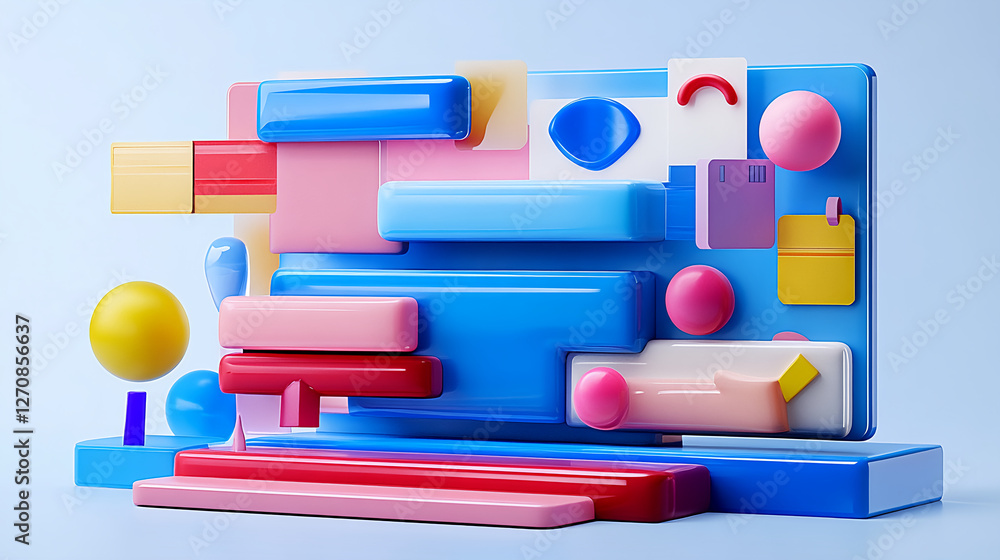 Poster dynamic abstract shapes and colors studio 3d artwork creative environment eye-level view artistic co