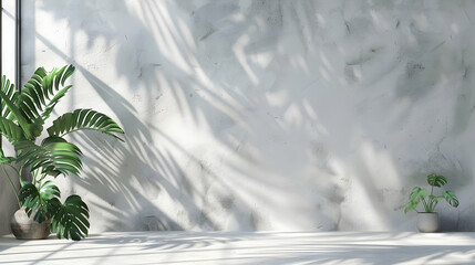 Bright indoor space with lush green plants casting shadows on a textured white wall
