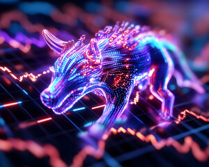 Bull figurine in trading environment. Charts fluctuate in background. Finance concept