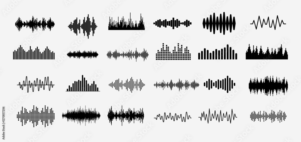 Poster sound wave vector graphics - collection of audio graph spectrums and symbols for music, recording, f